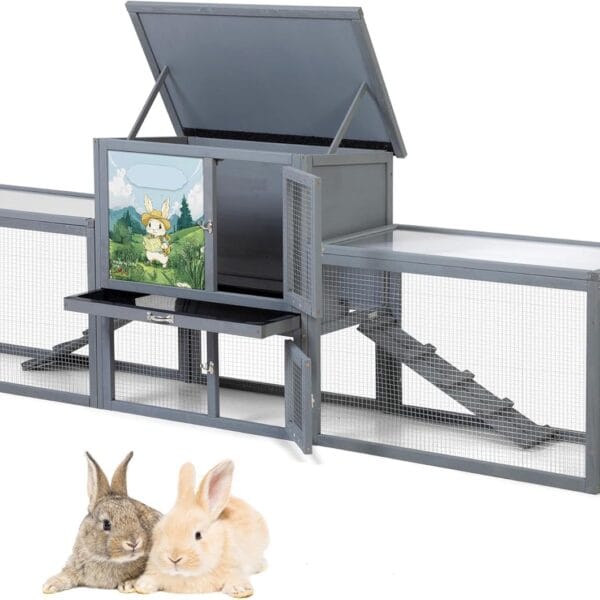 COZIWOW Rabbit Hutch Outdoor, 94.5" Extra Large Bunny Hutch, 2-Story Wooden Rabbit Cage Indoor for 2 or More Bunnies with Pull-Out Tray & Weatherproof Roofs (Grey)