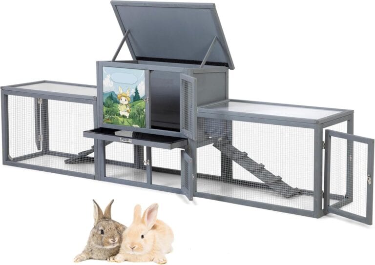 COZIWOW Rabbit Hutch Outdoor, 94.5" Extra Large Bunny Hutch, 2-Story Wooden Rabbit Cage Indoor for 2 or More Bunnies with Pull-Out Tray & Weatherproof Roofs (Grey)