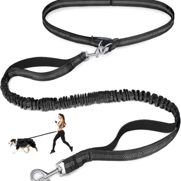 Hands Free Dog Leash, Adjustable Waist Leash for Dog Walking, Dual Bungee 4.2-6.7 Feet Long with Reflective Stitches for Walking Hiking Running, Fits 26"- 43" Inch Waist, Black