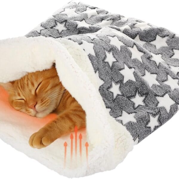 Self Heating Cat Sleeping Bag Indoor Self Warming Cat Bed Cave Heated Pad Cozy Soft Winter Washable Wrap Pet Snuggle Sack Pouch for Puppy Dog Kitten, 24 x 21 Inch(Classic,Gray)