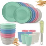 Kitchen Wheat Straw Dinnerware Sets (33pcs) Attached cleaning brush,Service For 8,Plastic Plates and Bowls Sets,Unbreakable Dinnerware,Lightweight Plastic Plate Set (Chroma)