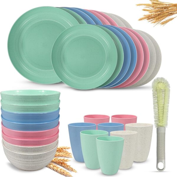 Kitchen Wheat Straw Dinnerware Sets (33pcs) Attached cleaning brush,Service For 8,Plastic Plates and Bowls Sets,Unbreakable Dinnerware,Lightweight Plastic Plate Set (Chroma)