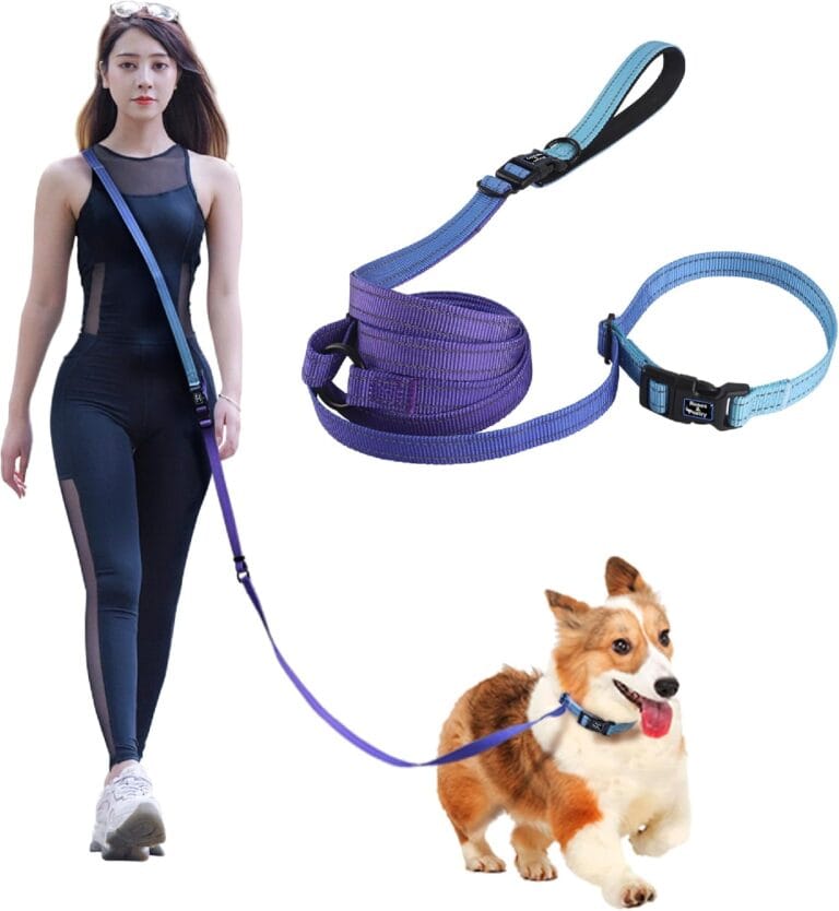 Roses&Poetry Hands Free Dog Leash for Small Dogs, All-in-One Leash & Collar 6.6-8.7ft Adjustable Waist Crossbody Leash for Dog Walking Lightweight with No Metal Clip Running Jogging