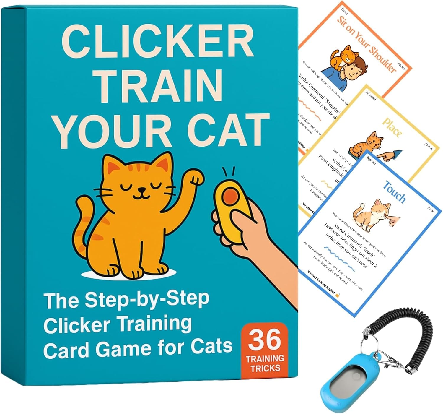 Cat Clicker Training Kit with 36 Trick Cards - Complete Set Includes Pet Clicker & Progress Chart for Fun, Bonding, and Positive Behavior Training in Cats & Kittens Cat Clicker Training Kit with 36 Trick Cards - Complete Set Includes Pet Clicker & Progress Chart for Fun, Bonding, and Positive Behavior Training in Cats & Kittens