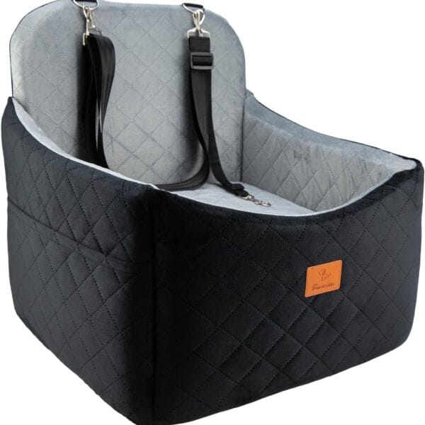Dog Car Seats for Small/Medium Dogs, FurFrolic Memory Foam Dog Booster Seat for Small Dogs up to 35 lbs, Travel Pet Car Seat with Washable Detachable Cover, Storage Pockets, 2 Safety Belts, Black Gray