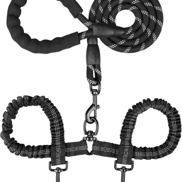 Double Dog Leash, Dual Dog Leash, 360 Swivel Tangle Free Bungee Walking Training for Large Medium Dogs, Shock Absorbing Bungee Reflective for Two Dogs, 18~121 lbs, Black