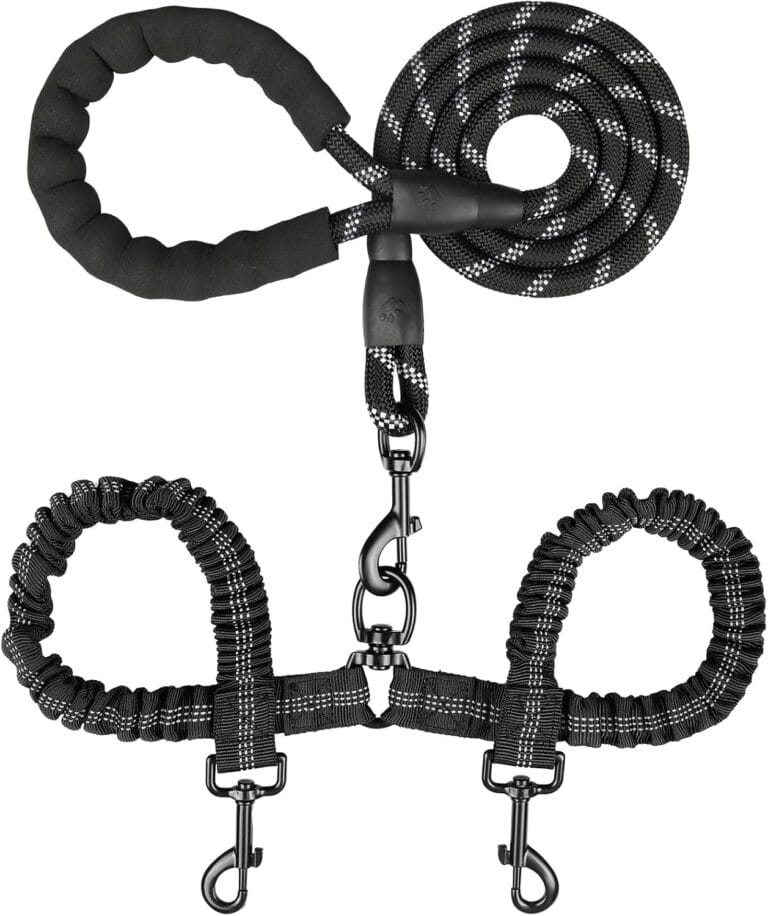 Double Dog Leash, Dual Dog Leash, 360 Swivel Tangle Free Bungee Walking Training for Large Medium Dogs, Shock Absorbing Bungee Reflective for Two Dogs, 18~121 lbs, Black