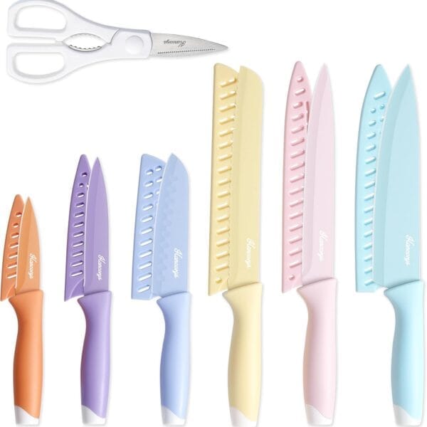 Colorful Knife Set, 13 Pieces Kitchen Knives Set with Nonstick Ceramic Anti-Rust Coating, Chef Knife Sets with 6 Blade Guards, Dishwasher Safe, Gifts Knife Set for Women