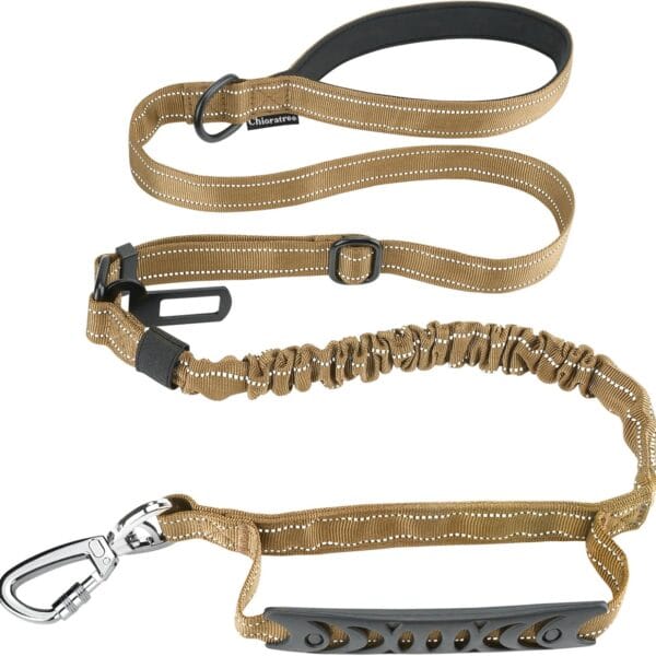 Tactical Dog Leash Heavy Duty, 4-6FT Shock Absorbing Bungee Dog Leash, Reflective Military Strong No Pull Lead with 2 Padded Handle and Car Seatbelt for Medium Large Dogs, Khaki