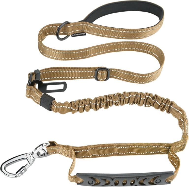 Tactical Dog Leash Heavy Duty, 4-6FT Shock Absorbing Bungee Dog Leash, Reflective Military Strong No Pull Lead with 2 Padded Handle and Car Seatbelt for Medium Large Dogs, Khaki