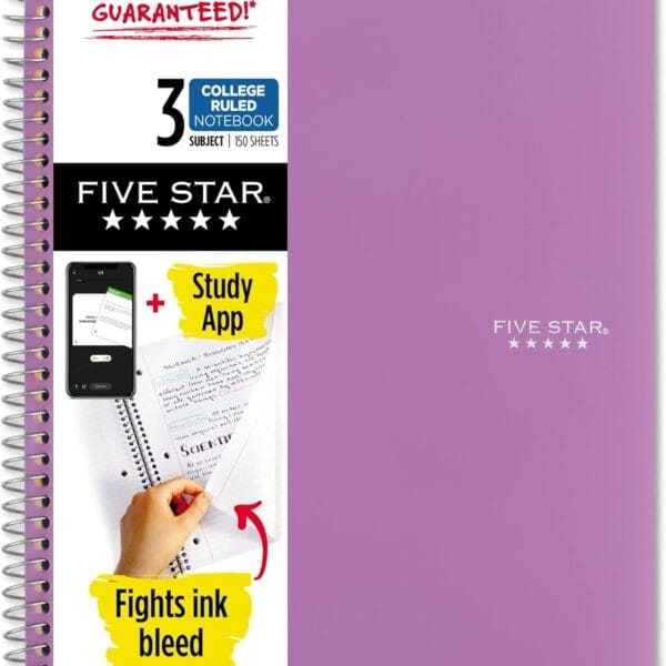 Five Star Spiral Notebook + Study App, 3 Subject, College Ruled Paper, 8-1/2" x 11", 150 Sheets, Fights Ink Bleed, Water Resistant Cover, Amethyst Purple (38746)