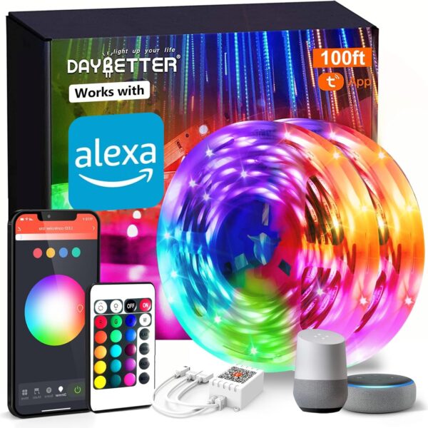 DAYBETTER Smart WiFi Led Lights 100ft, Tuya App Controlled Led Strip Lights, Work with Alexa and Google Assistant, Timer Schedule, Color Changing Led Lights for Bedroom Party Kitchen