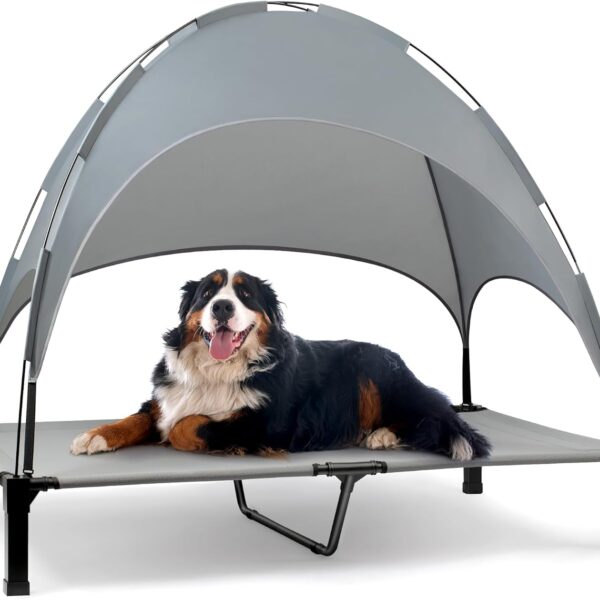 Heeyoo Elevated Dog Bed with Canopy, Portable Dog Cot with Removable Shade Tent, Outdoor Raised Pet Cot Cooling Bed for Dogs