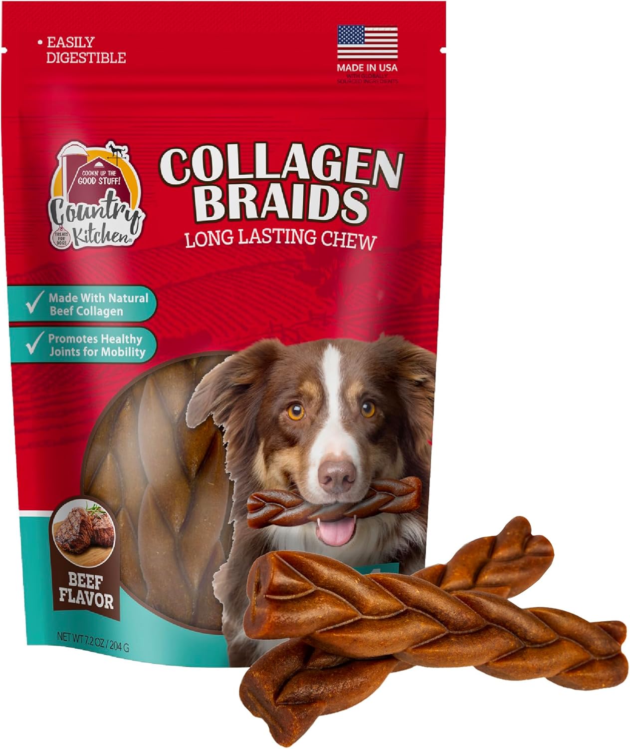Country Kitchen Beef Collagen Braids, Rawhide Free Dog Chews, Made with Natural Beef Collagen, for Medium & Large Dogs, 7.2 oz (4ct) Country Kitchen Beef Collagen Braids, Rawhide Free Dog Chews, Made with Natural Beef Collagen, for Medium & Large Dogs, 7.2 oz (4ct)