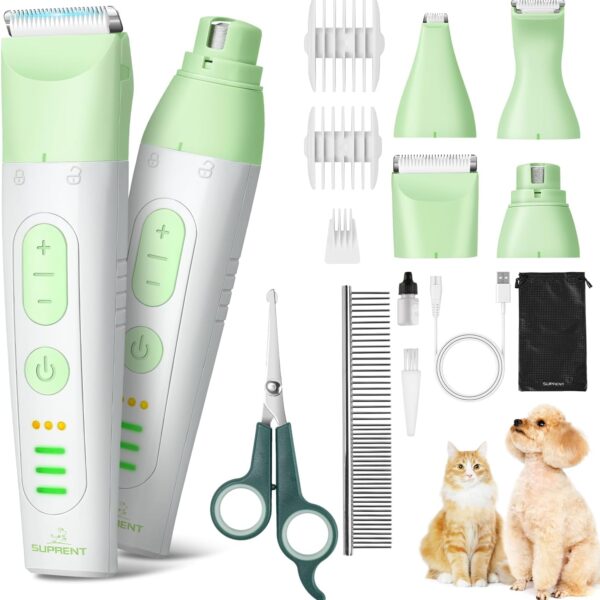 SUPRENT Dog Grooming Kit, 4 in 1 Dog Clippers for Grooming Supplies, Cordless Electric Pet Nail Grinder Cat Paw Trimmer Professional Long Hair Shaver Set for Cat Matted Hair and Small Dogs Thick Coats