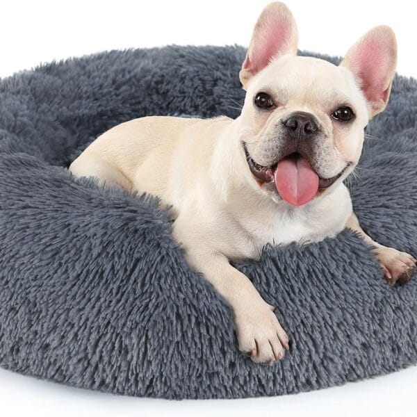 rabbitgoo Calming Dog Bed for Small Medium, 27 inches Pet Bed Machine Washable, Non-Slip Round Fluffy Plush Faux Fur, Soft Donut Cuddler Cushion for Small Dogs, Dark Grey