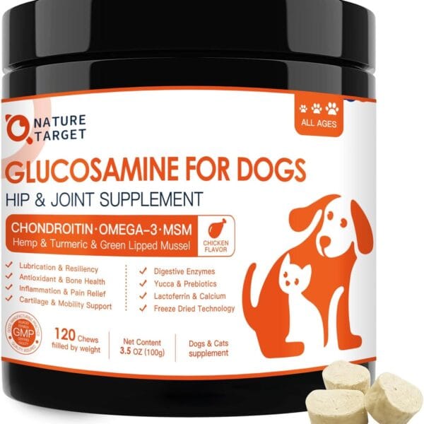 NATURE TARGET Glucosamine Joint Supplement for Dogs, Chondroitin, Omega-3, MSM, Hemp, Turmeric for Pain Relief, Dog Joint Supplement with Calcium for Bone Health, 120 Chicken Flavored Crunchy Chews
