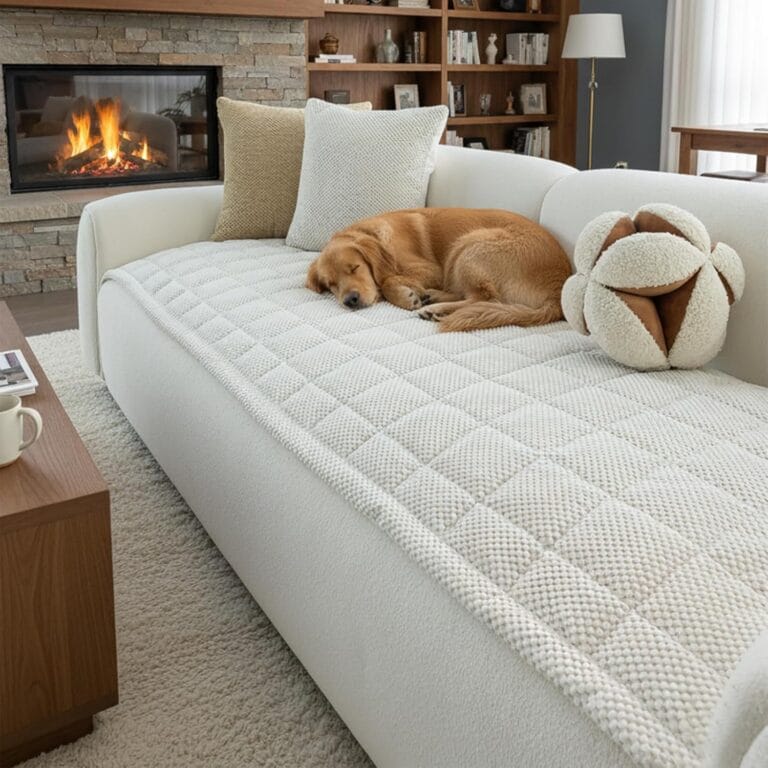 Couch Cover for Pet Non-Slip Sofa Cover Washable, Geometric Plush Sofa Slipcovers Pet-Friendly Cushion Mat Dog Couch Cover Protector (White, 27.6'' x 82.7'')