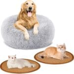 Calming Donut Dog Bed Medium Size Removable Cover + 2 PCS Cooling Rattan Pet Mat, Fluffy Comfort Anti-Anxiety Washable Round Pets Bed with Double-Sided Cool Pad for Medium Dogs/Cat, 31" Gray