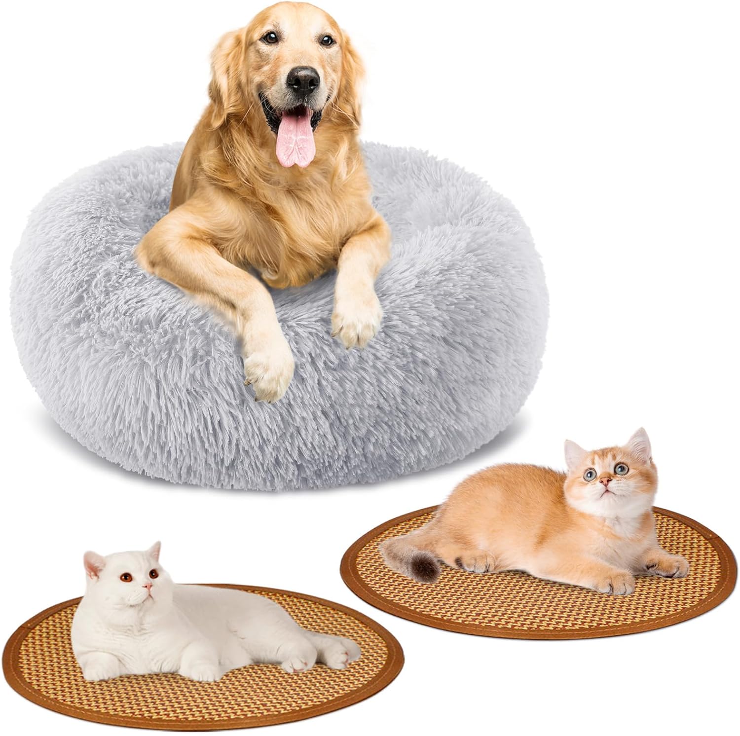 Calming Donut Dog Bed Medium Size Removable Cover + 2 PCS Cooling Rattan Pet Mat, Fluffy Comfort Anti-Anxiety Washable Round Pets Bed with Double-Sided Cool Pad for Medium Dogs/Cat, 31" Gray Calming Donut Dog Bed Medium Size Removable Cover + 2 PCS Cooling Rattan Pet Mat, Fluffy Comfort Anti-Anxiety Washable Round Pets Bed with Double-Sided Cool Pad for Medium Dogs/Cat, 31" Gray