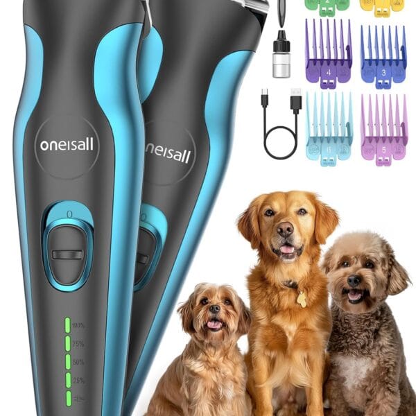 oneisall 2 in 1 Dog Clippers Grooming and Paw Trimmer, Cordless 50dB Quiet Rechargeable 2 Speed Dog Hair Clippers with Detachable Stainless Steel Blade for Small & Large Dogs Pets with Thick Coats