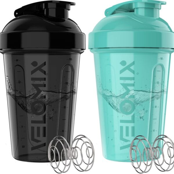 VELOMIX -2 Pack- 20 oz Protein Shaker Bottles for Protein Mixes - 2x Wire Whisk | Leak Proof Shaker Cups for Protein Shakes and Pre Workout | Protein Shaker Bottle Pack (Black/Torquoise)