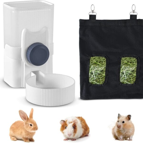 Rabbit Water Bottle 33oz Hamster Water Bottle Hanging Guinea Pig Water Dispenser Include Hay Feeder Bag Set for Bunny Small Pet Animal