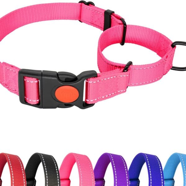 Martingale Collar for Dogs, No Slipping Out Reflective Puppy Collar with Quick Release Buckle, Heavy Duty Adjustable Dog Collar with Safety Lock for Medium Breed Dogs, Pink, M