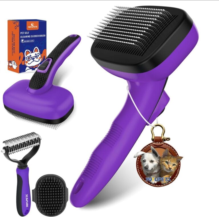 Dog Brush Kit - Self-Cleaning Slicker Brush with Bath Brush & Undercoat Rake | Deshedding Tools for Large - Small Dogs & Cats, Professional 3-in-1 Pet Grooming Set for Heavy Shedding, Purple