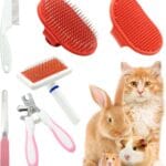 Cat Grooming Kit Set with Pet Shedding Slicker Brush Nail Clipper Trimmer Pet Massage Bath Glove Flea Comb for Bunny Puppy Kitten Guinea Pig Chinchilla Ferret Small Animals (Red, Pink)