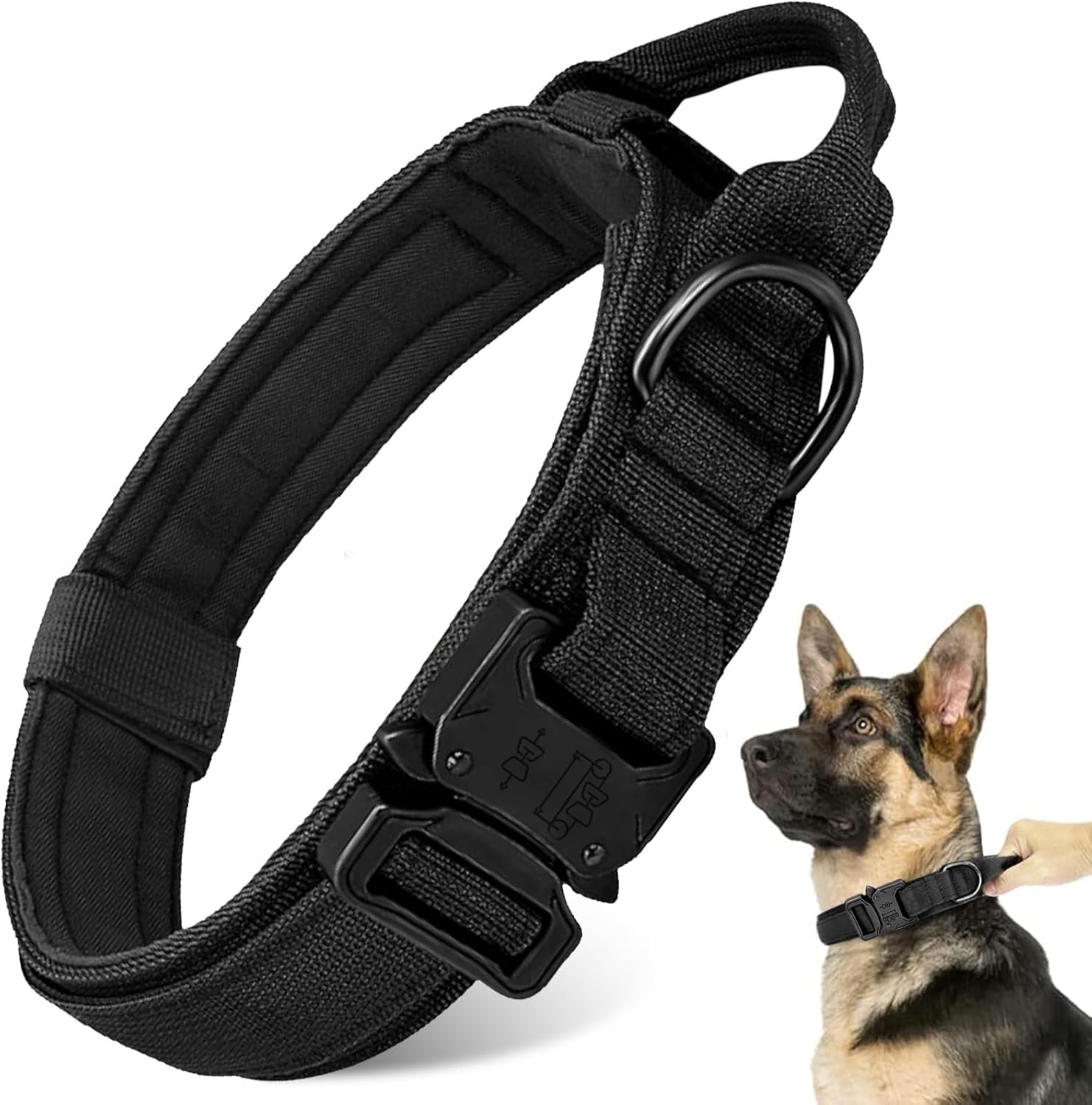 Tactical Military Dog Collar - Adjustable Heavy Duty Metal Buckle Nylon Collar with Control Handle for Small to Large Dogs (Black, L) Tactical Military Dog Collar - Adjustable Heavy Duty Metal Buckle Nylon Collar with Control Handle for Small to Large Dogs (Black, L)