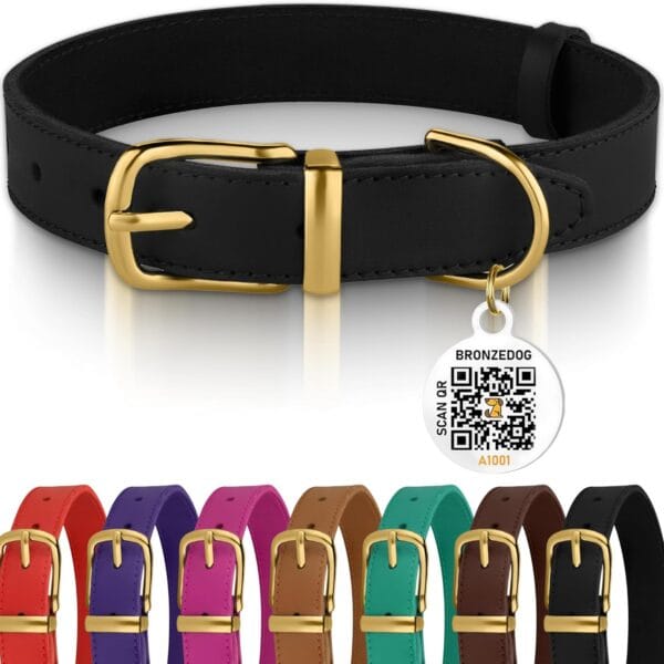 BRONZEDOG Leather Dog Collar with QR ID Tag Basic Pet Collars for Small Mini Dogs Cats Puppies (9-11 Inch (Pack of 1), Black & Gold Buckle)