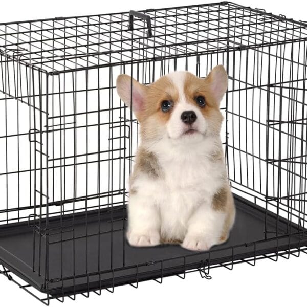 FDW Dog Crate for Medium Dogs 30 Inch Folding Metal WirePet Cage Double Door W/Divider Panel Indoor Outdoor Kennel Leak-Proof Plastic Tray,Black