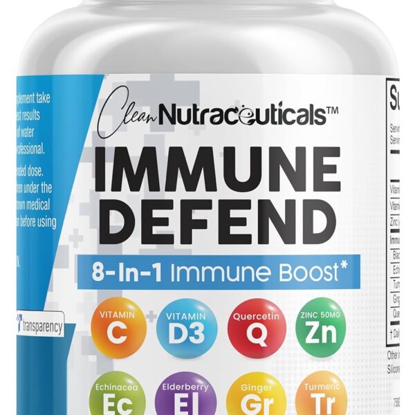Clean Nutraceuticals Immune Defense Support Supplement 8 in 1 with Zinc 50mg Quercetin, VIT C 1000mg, Vitamin D3 5000 IU, Elderberry, Ginger - Immunity System Booster for Adults, Vegan - 60 Count