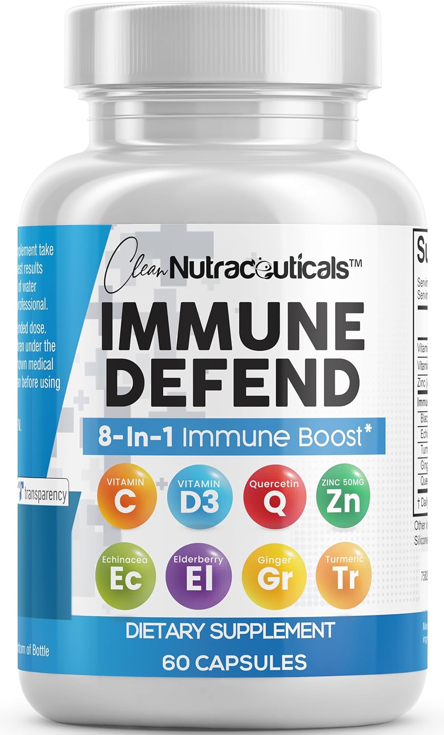 Clean Nutraceuticals Immune Defense Support Supplement 8 in 1 with Zinc 50mg Quercetin, VIT C 1000mg, Vitamin D3 5000 IU, Elderberry, Ginger - Immunity System Booster for Adults, Vegan - 60 Count Clean Nutraceuticals Immune Defense Support Supplement 8 in 1 with Zinc 50mg Quercetin, VIT C 1000mg, Vitamin D3 5000 IU, Elderberry, Ginger - Immunity System Booster for Adults, Vegan - 60 Count