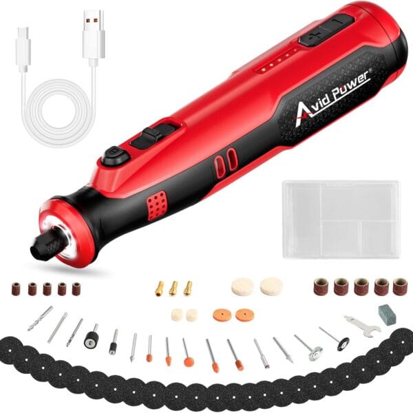 AVID POWER Cordless Rotary Tool 8V Rechargeable Grinding Tool for Dog Nail, 5 Speeds, 60 Pcs Accessories for Carving, Engraving, Sanding, Polishing and Cutting (Light Red)