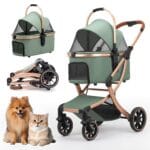 3 in 1 Pet Stroller for Small/Medium Dogs & Cats with Detachable Carrier, Storage Basket and Pet Pad, 4 Wheels Foldable Pet Travel Carrier for Car Seat & Hand Carry, Safe Outings(Green)