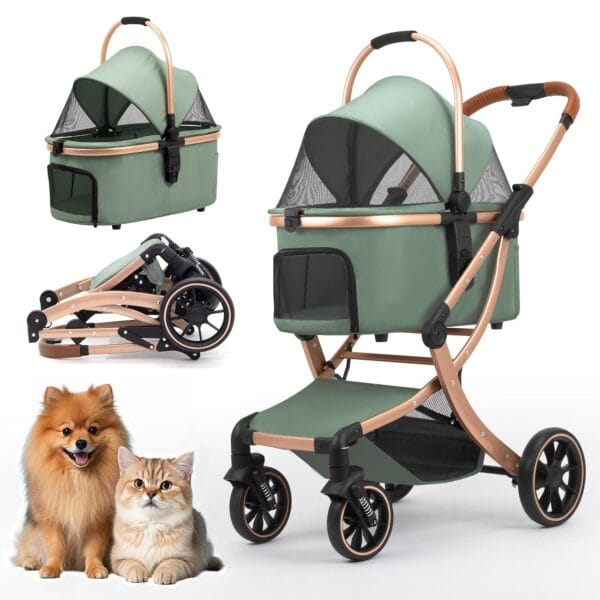 3 in 1 Pet Stroller for Small/Medium Dogs & Cats with Detachable Carrier, Storage Basket and Pet Pad, 4 Wheels Foldable Pet Travel Carrier for Car Seat & Hand Carry, Safe Outings(Green)