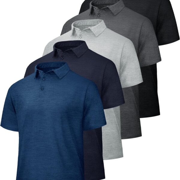 5 Pack Polo Shirts for Men - Quick Dry Moisture Wicking Performance Short Sleeve Mens Golf Shirts for Work Athletic