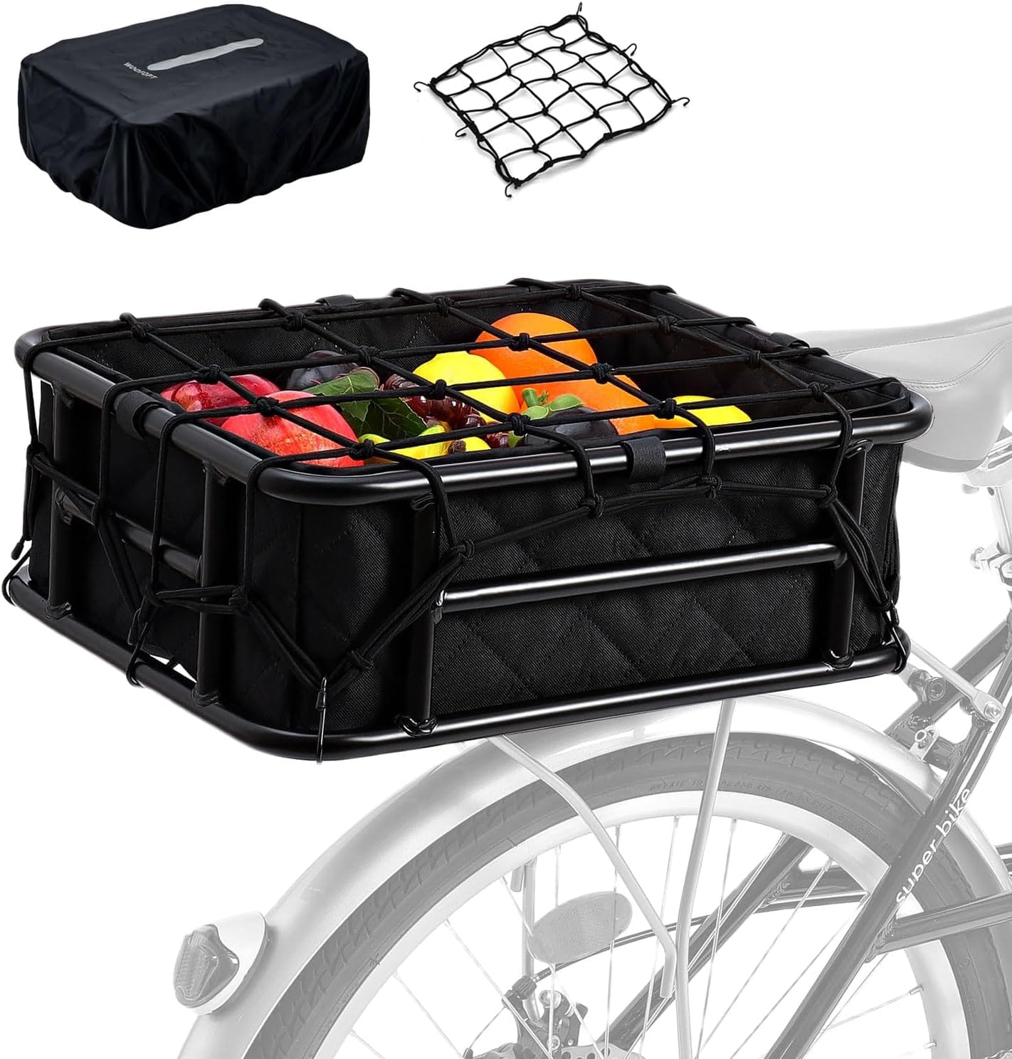Rear Bike Basket with Rainproof Cover and Cargo Net and Liner, Large Rear Bike Rack Basket for Bike, Heavy Duty Metal Rear Bicycle Basket Perfect Mount for Electric Bike WOOFOPT Rear Bike Basket with Rainproof Cover and Cargo Net and Liner, Large Rear Bike Rack Basket for Bike, Heavy Duty Metal Rear Bicycle Basket Perfect Mount for Electric Bike WOOFOPT