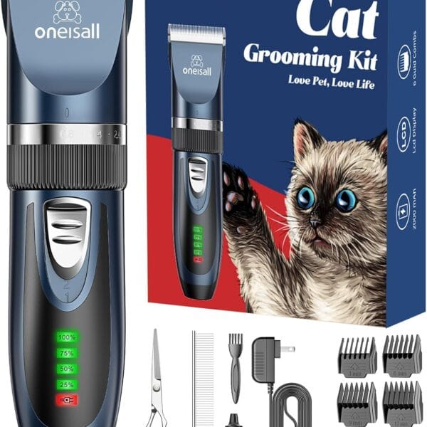 oneisall Quiet Cat Clippers for Matted & Long Hair, 2-Speed Cordless Pet Shaver Grooming Kit for Cats, Small Dogs & Animals (Blue)