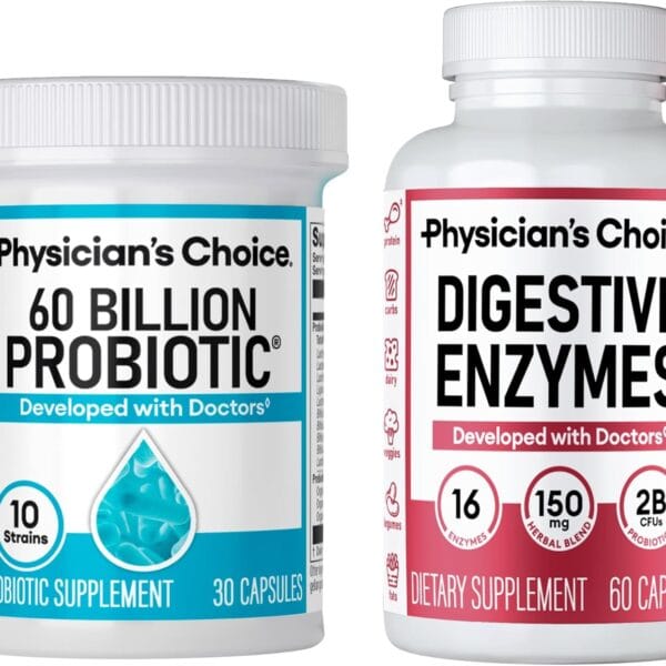 Physician's CHOICE Advanced Gut Health Bundle: 60 Billion Probiotics 30ct + Digestive Enzymes 60ct for Digestive, Gut, and Immune Health Supports Occasional Constipation, Diarrhea, Gas, and Bloating