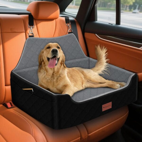 Dog Car Seat for Medium Large Dogs Under 55lbs, Detachable and Washable Dog Booster Seats with Thick Cushion, Pet Travel Bed for Car with Storage Pockets and 2 Safety Belts