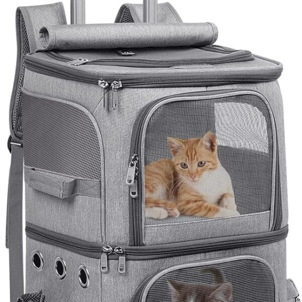 Extra Large Double-Compartment Pet Carrier Backpack with Wheels for Small Dogs and Cats, Cat Rolling Carrier for 2 Cats, Perfect for Traveling/Taking a Walk/Trips to The Vet, Grey