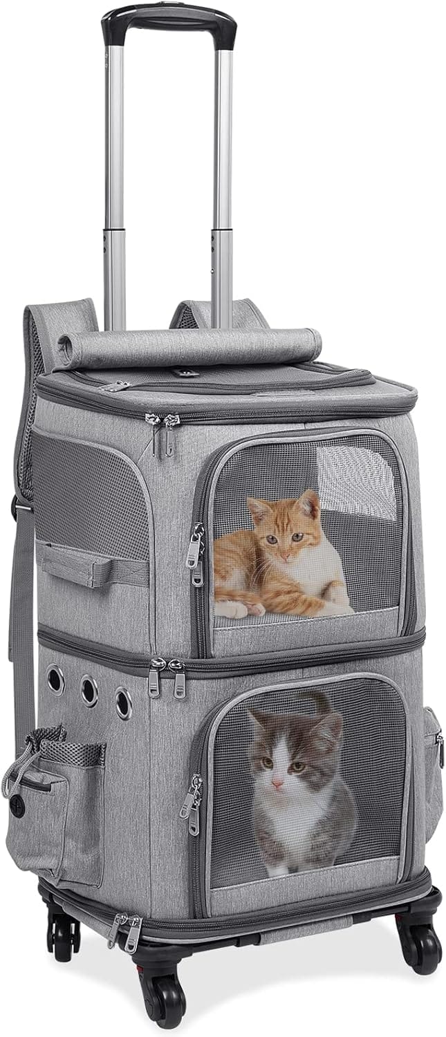 Extra Large Double-Compartment Pet Carrier Backpack with Wheels for Small Dogs and Cats, Cat Rolling Carrier for 2 Cats, Perfect for Traveling/Taking a Walk/Trips to The Vet, Grey Extra Large Double-Compartment Pet Carrier Backpack with Wheels for Small Dogs and Cats, Cat Rolling Carrier for 2 Cats, Perfect for Traveling/Taking a Walk/Trips to The Vet, Grey