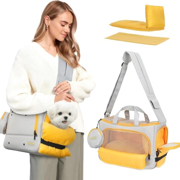 Small Dog Sling Carrier, Front Facing Dog Carrier Sling, Hands Free Pet Carriers Bag with Padded Adjustable Strap and Poop Dispenser Machine Washable for Small Dogs Cats Travel Outdoor-Grey