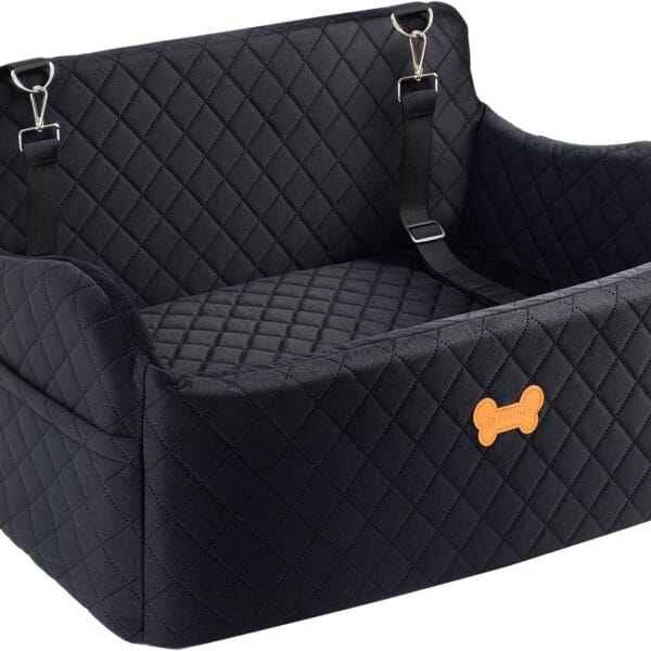 Car Seat for Large Size Dog, Booster Seat for Dogs Under 55 lbs or 2 Small Dogs, Soft Car Dog Bed Filling in Thick Memory Foam with 2 Safety Leashes and Storage Pocket (Black)