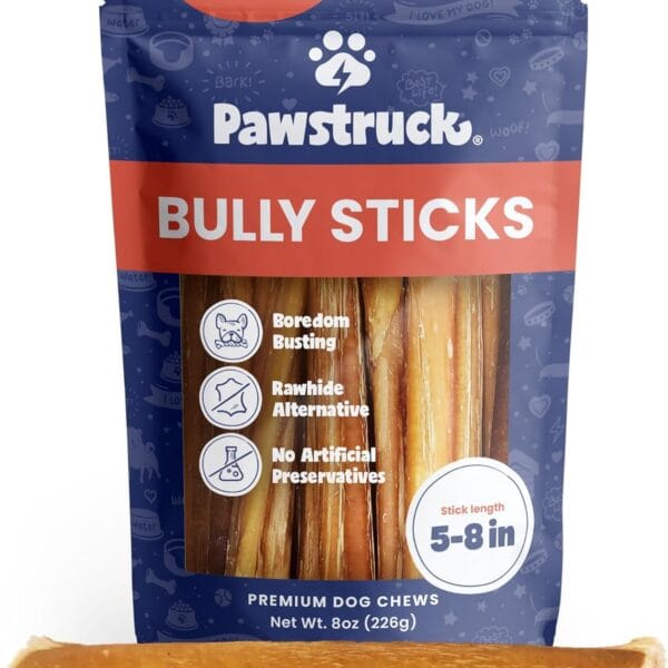 Pawstruck Natural 5-8" Bully Sticks for Dogs - Best Long-Lasting, Rawhide-Free, Low Odor Dental Chew Treat - Healthy Single Ingredient, 100% Real Beef - 8 oz Bag - Packaging May Vary