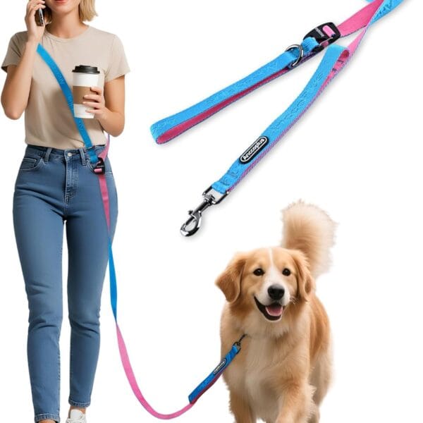 Hands Free Dog Leash, Multifunctional Crossbody Running for Dogs, Ultra-Light Dog Training Leash with Secure Clip, Short & Long Leashes, Adjustable Service Dog Leashes (Aqua Pink)