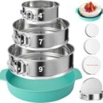 4, 7, 9 Inches Springform Pan Set of 3-304 Stainless Steel Nonstick Springform Cake Pan Set with Removable Bottom, 10 Inch Leakproof Silicone Cheesecake Pan Protector with 60 Pcs Parchment Paper